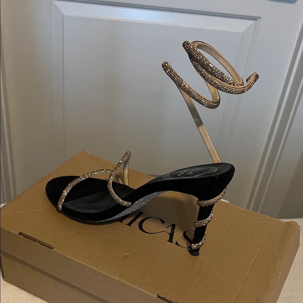 Chic Black and Gold Strappy Heels